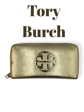 Tory Burch Wallet Large Logo Golden Metallic Leather Zip Around Continental Long
